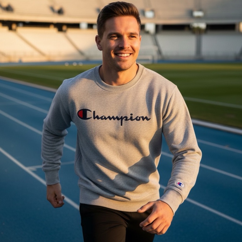 Champion Gray Crewneck Sweatshirt‎ Logo Spellout Pullover Size M Medium